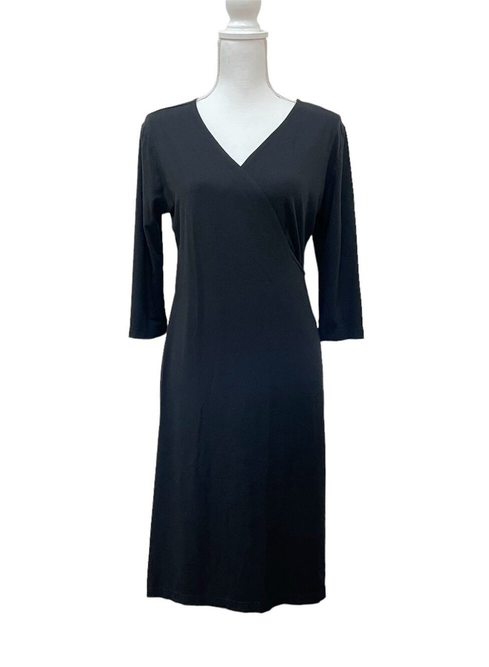 Bryn Walker Black Faux Wrap Front V-Neck 3/4 Sleeve Stretch Fit Flare Dress Sz M